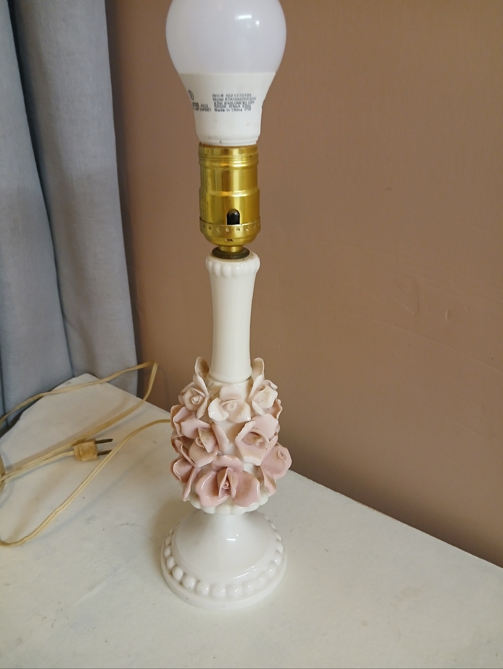 Cream Table Lamp with Pink Ceramic Rose Accents 1960's Coquette Style